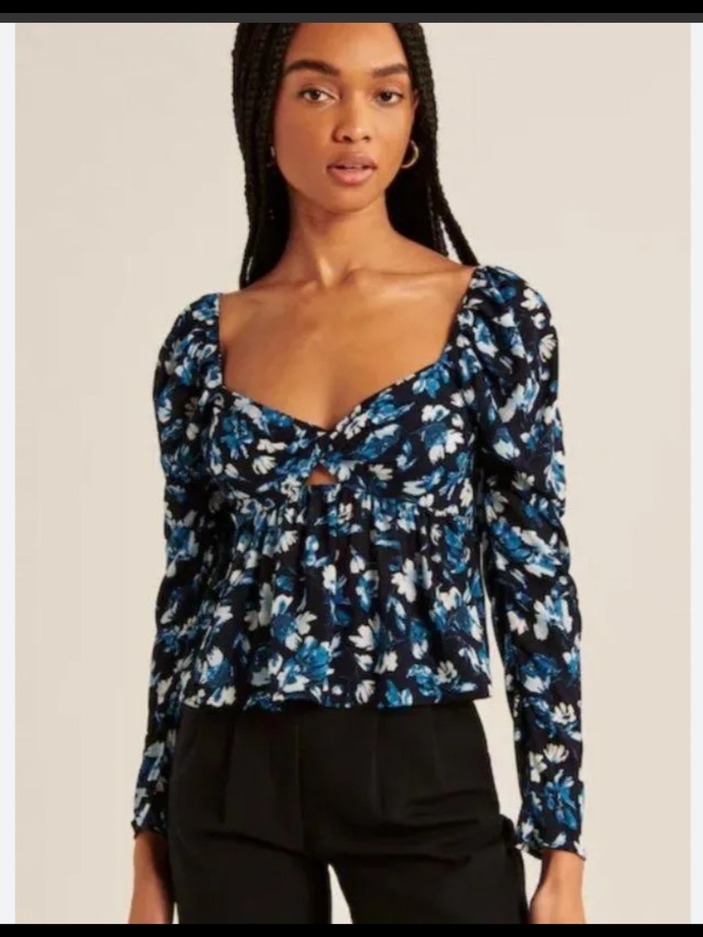 Abercrombie & Fitch Navy Blue Floral Tie-Front Puff Sleeve Crop Top